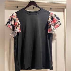 NWOT SHEIN Floral Ruffle Sleeve Black Top Size XL